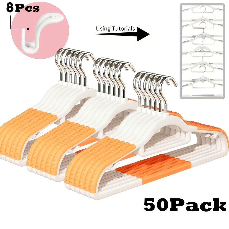 Non-Slip Clothes Hangers 50 Pack with 8 Clasps - Heavy Duty Space Saving Velvet Shoulder Strips Wardrobe Hangers for Shirts, Pants, Coats, Scarves, Wet Dry Use, Closet Organizer