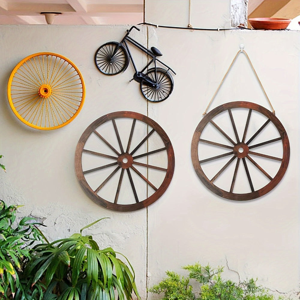 Wooden Carriage Wheel Wall Decor 2pcs - Rustic Western Farmhouse Wood Wagon Wheel Hanging Plaque for Home, Office, Garage, Bar & Country Party, Natural Grain Texture, Indoor Wall Art