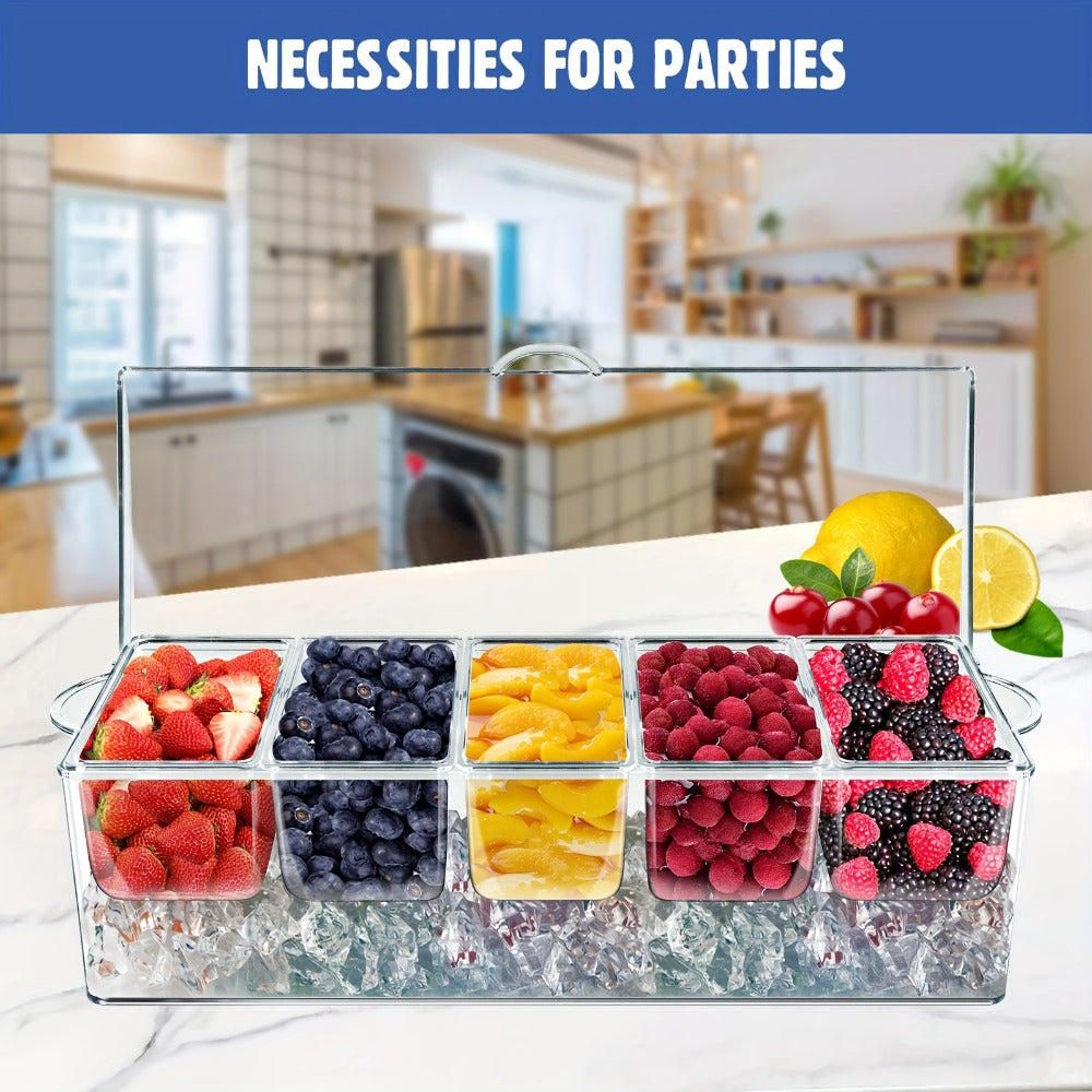 Bar Serving Tray on Ice with 5 Compartments & Lid ¨C Garnish Condiment Platter with 5 Forks & 3 Pliers, Clear Fruit Tray for Bar, Party & Entertaining