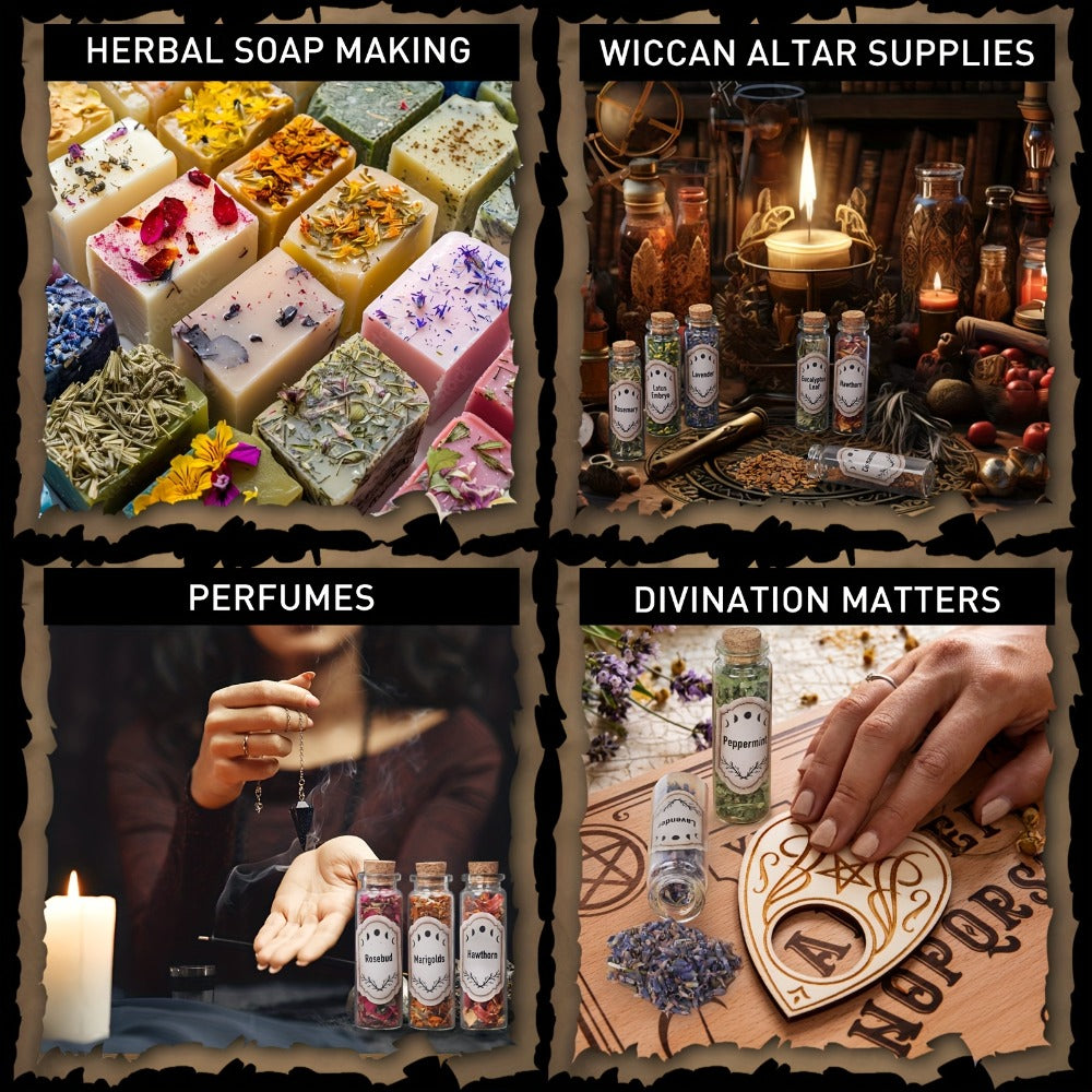43-Piece Dried Herbs & Flowers Witch Ritual Kit ¨C Sachet Supplies Set with Crystal Spoon, Black Feather & Bell for Pagan Spells, Candle Making, Soap, Wedding Decor