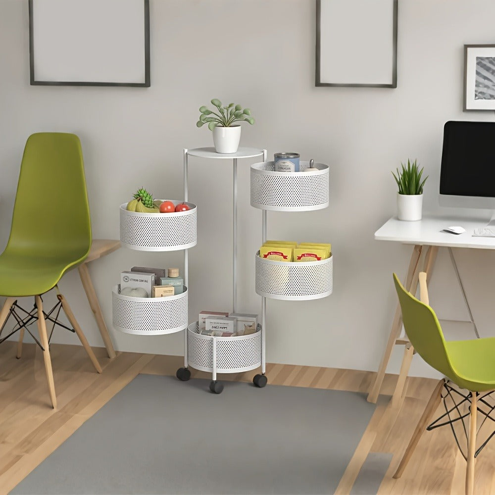 Rotating Storage Rack Multi-Tier Rolling Cart ¨C 360¡ã Swivel Round Floor Standing Organizer with 4 or 5 Layers, Vegetable Basket & File Rack for Kitchen, Bathroom, Office & Living Room (Black / White)