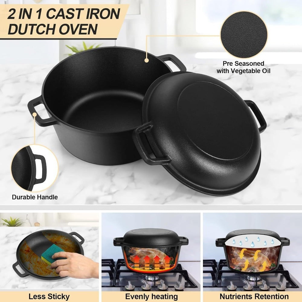 Cast Iron Dutch Oven 5 Quart Pre-Seasoned with Skillet Lid | 2-in-1 Non-Stick Crock Pot with Handles for Braising, Roasting & Casserole ¨C All-in-One Cookware, Black