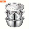 Stainless Steel Kitchen Bowl Set 3 Piece with Integrated Grinder, Colander Filter and Mixing Bowl, Multifunctional Fruit Vegetable Washing Prep Bowl with Drainage System for Slicing Cheese Salad