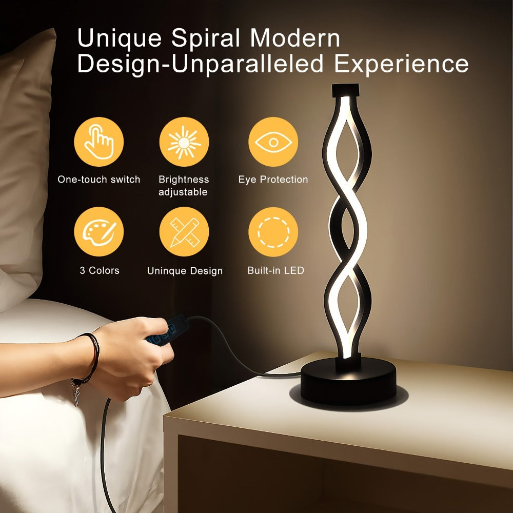 Spiral LED Table Lamp ¨C Modern Minimalist Wave Dimmable Desk Lamp, 3 Color Temperatures, USB Charging, Metallic Base, Creative Curved Night Light for Bedroom Living Room Office Study (1pc / 2pc / Wooden)