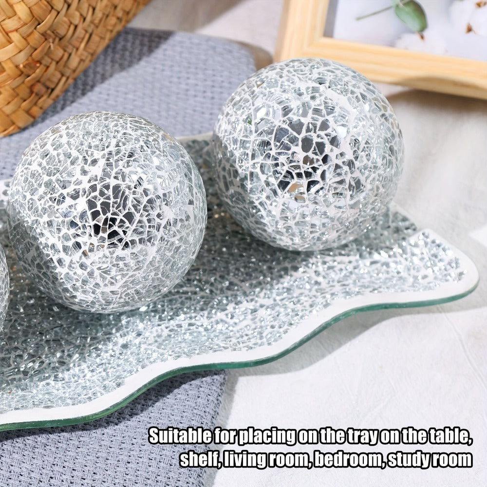 Decorative Glass Balls for Bowls 3 Inch Set of 3 with Glass Tray, Bowl Fillers Centerpiece Table Decorations for Home Decor Living Room Dining Coffee Table, Silver Black Gold Green