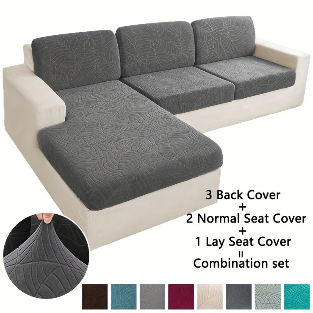 Jacquard Stretch Sofa Cover Set 6pcs Leaf Pattern High Elasticity Furniture Protective Cover with Elastic Band Easy Install Removable Washable Concubine Style Cushion Cover Home Decor Multiple Colors