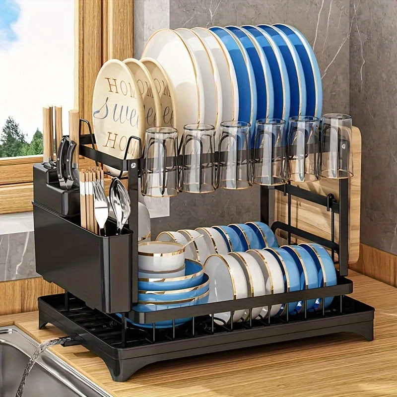 2-Layer Dish Drying Rack Kitchen Countertop Organizer - Dish Drain Rack with Knife Holder, Cup Rack & Cutlery Holder for Bowls, Chopsticks & Utensils, Black Assembled Dish Drainer