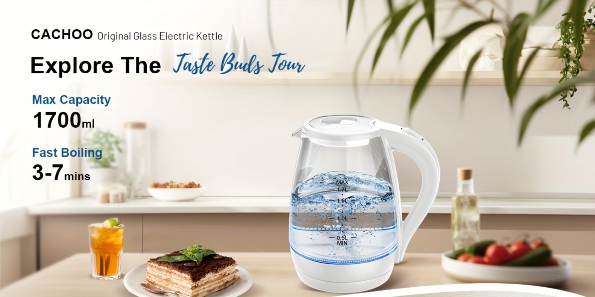 Glass Electric Kettle 1200W Fast Boiling ¨C 57.48oz Tea Kettle with LED Indicator, Auto Shut-Off & Boil-Dry Protection, Elegant Transparent Design for Kitchen, Office & Camping