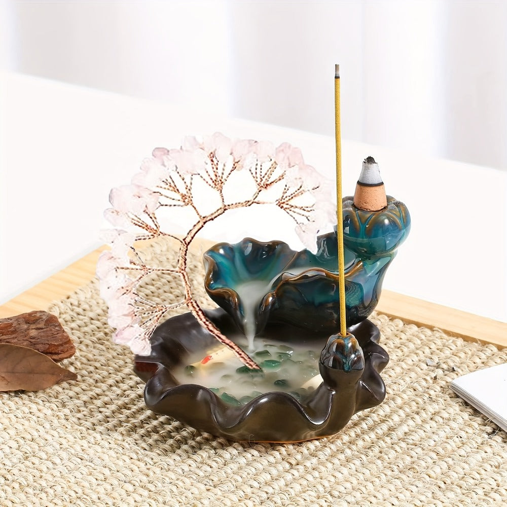 Backflow Incense Burner Crystal Money Tree Waterfall Smoke Incense Holder Ceramic Cone Stick Burner for Yoga Meditation Home Decor Altar Decoration
