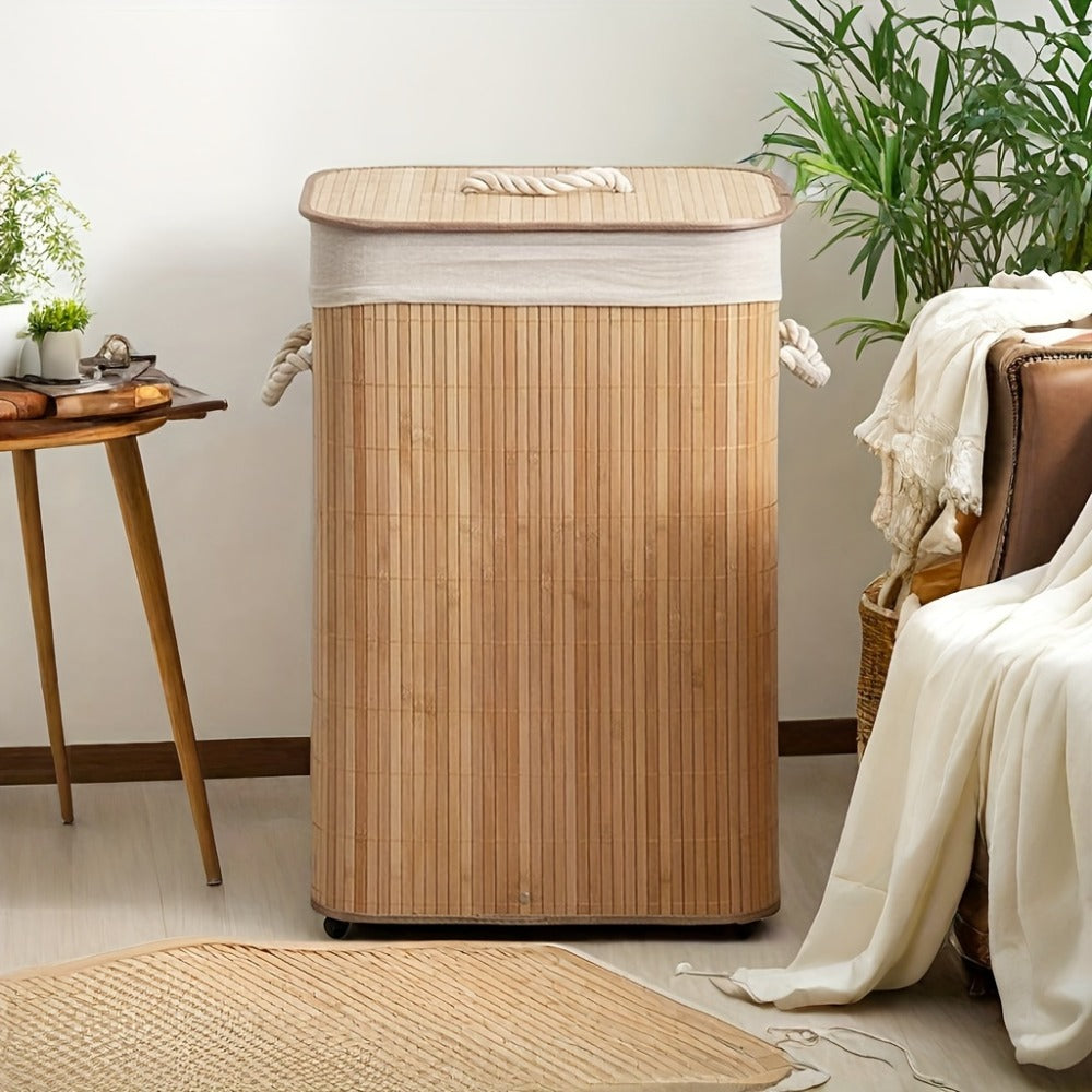 Collapsible Laundry Basket Bamboo Foldable Rattan Clothes Hamper - Space Saving Rectangular Storage Bin for Bedroom, Dorm Room & Bathroom, No Tools Assembly, Upgrade & Standard Models Available