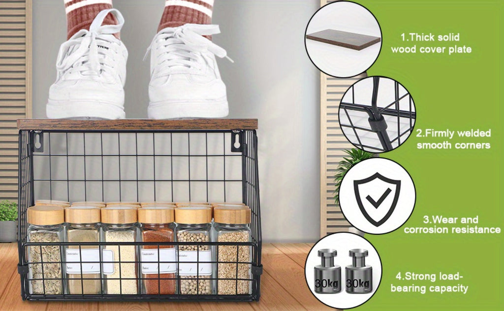 Wall-Mounted Fruit Basket with Wooden Cover - 2-Tier Metal Kitchen Storage Basket with Hooks, Stackable Hanging Organizer for Potatoes Onions Vegetables
