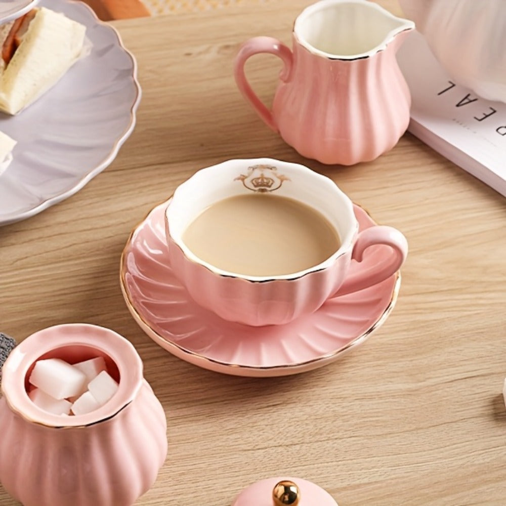 Porcelain Tea Set Service for 6 British Royal Floral Design with Teapot Sugar Bowl Cream Pitcher Teaspoons Tea Strainer 8oz Cups Saucers for High Tea Wedding Party Gift