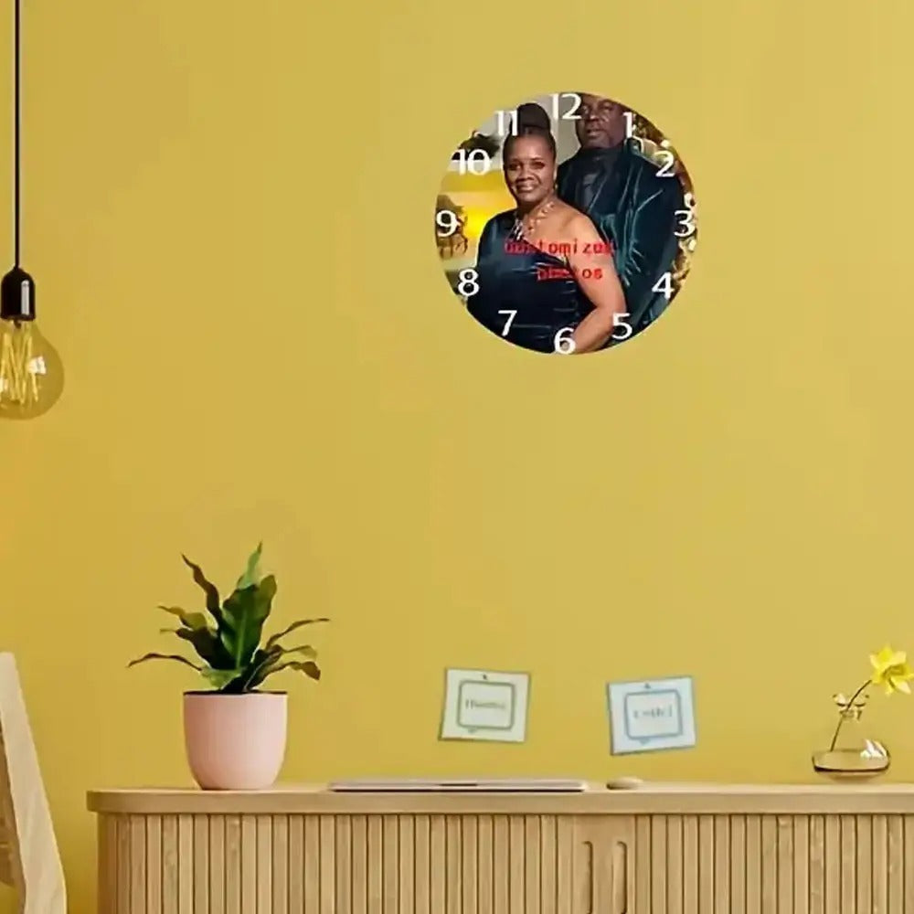Personalized Custom Photo Wall Clock - Round Wood Silent Clock with Custom Text & Family Name, Self-Assembly, Battery Operated, Unique Mother's Day Gift for Parents, Home Room Decor, 10in 12in