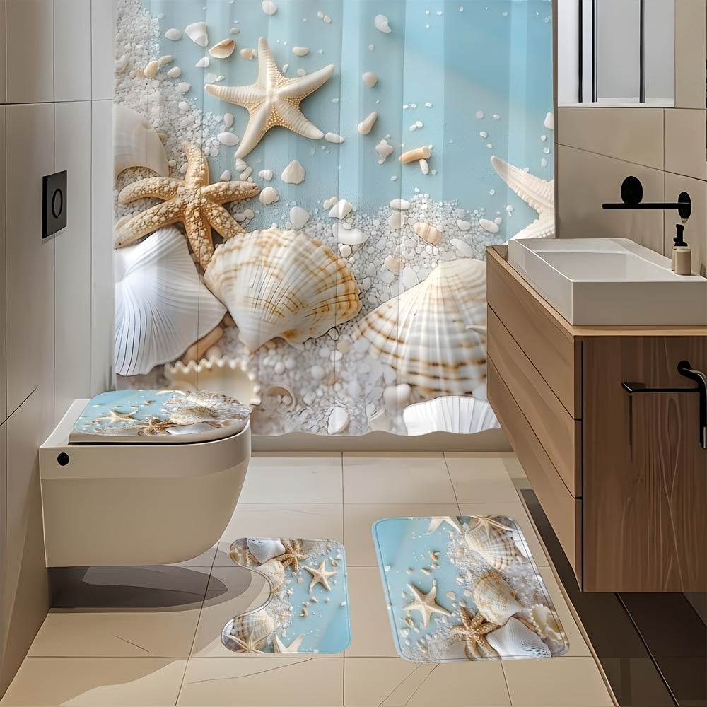 Shower Curtain Set Sea Star Shell Design Polyester with 12 Hooks Non-Slip Bath Mat U-Shaped Toilet Pad Lid Cover Bathroom Decor Set