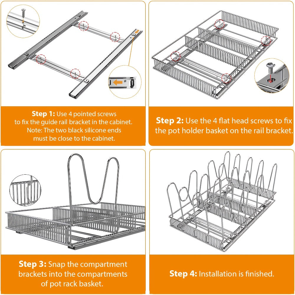 Cabinet Pot & Pan Organizer Rack with 10 Adjustable Dividers, 11¡±W x 17.5¡±D x 8.3¡±H, Chrome Steel Kitchen Storage