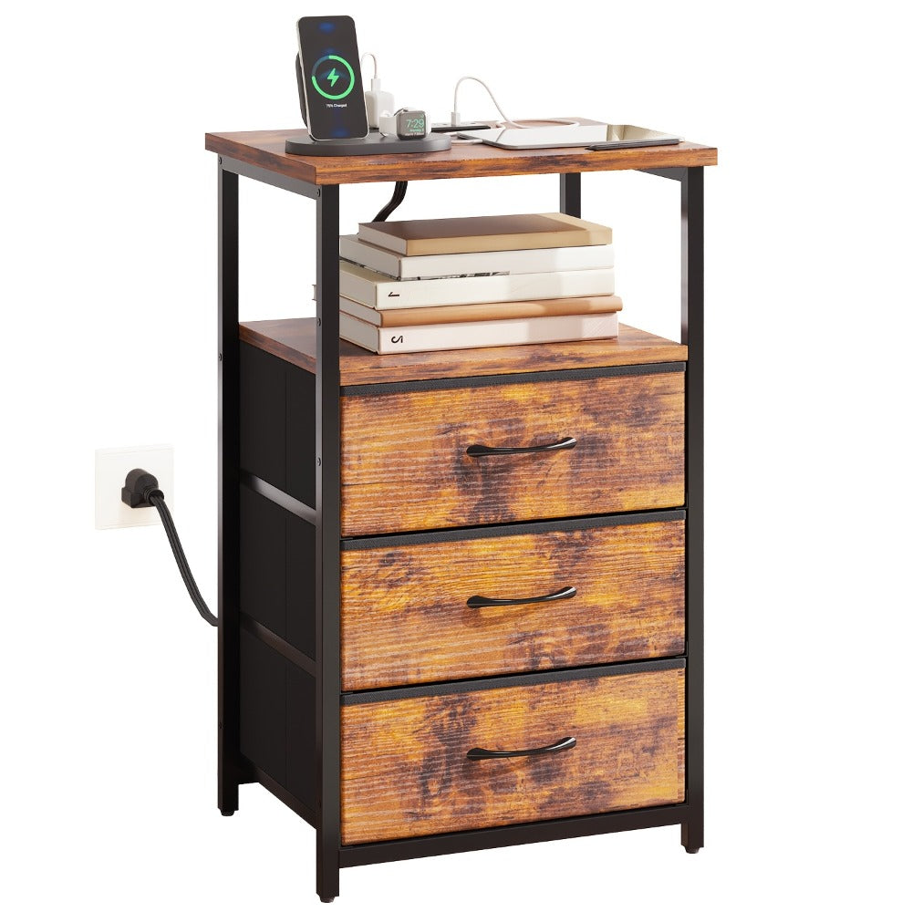 Nightstand with Charging Station & USB Port | 3-Drawer Bedside Table with LED Light, Heavy Duty End Table for Bedroom, Dorm & Small Spaces