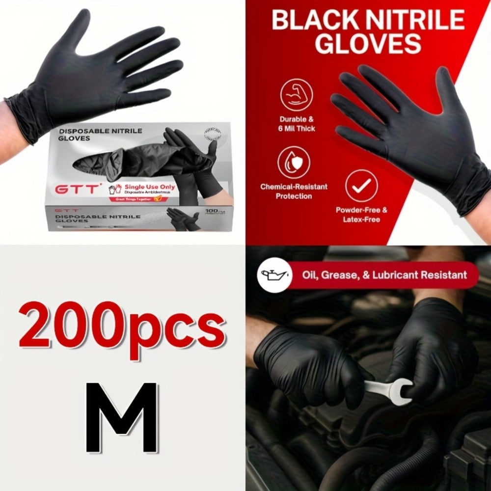 Nitrile Disposable Gloves 200 Count, Black Latex-Free Powder-Free Exam Gloves, Touchscreen Compatible, Chemical Resistant, Flexible Form-Fitting for Kitchen Automotive Industrial Medical Use, S M L XL