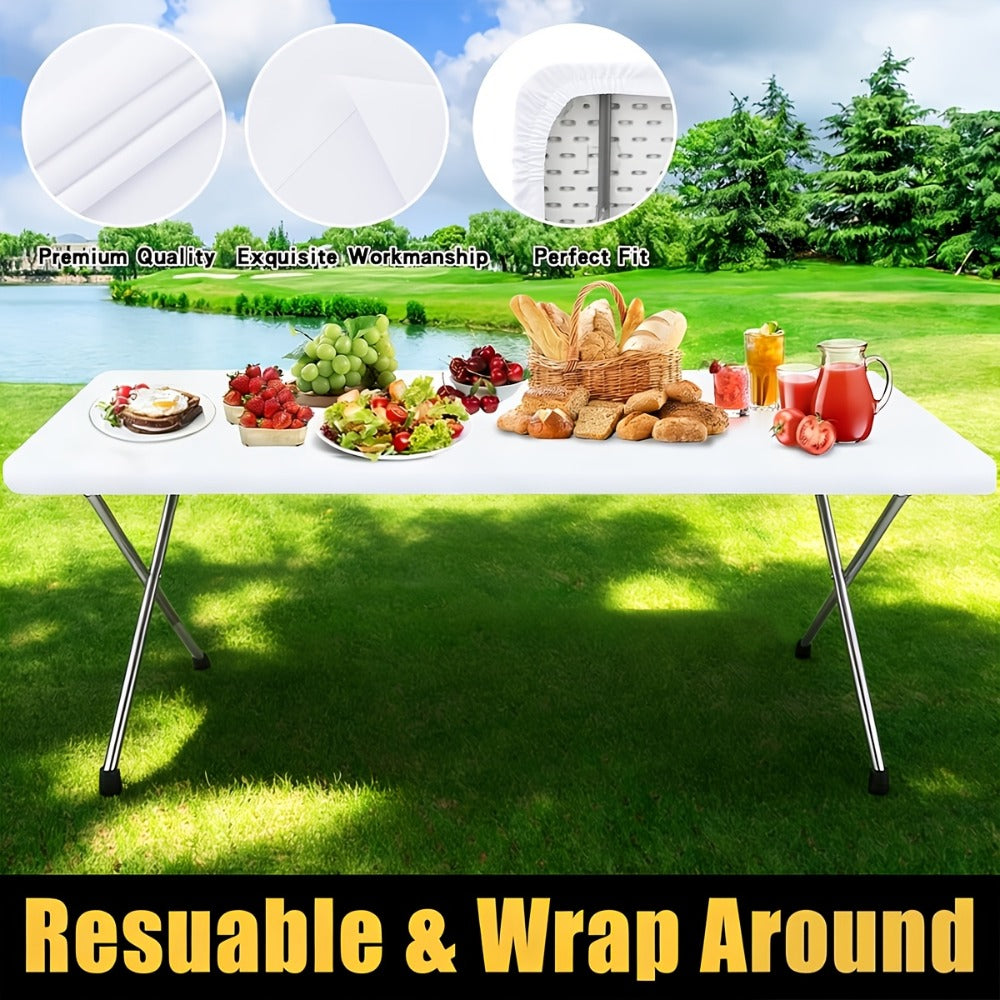 Stretch Table Covers 6Ft Washable Elastic Rectangle Tablecloth for Parties Weddings Picnics Camping, Spandex Polyester Blend, Fits Standard 6 Foot Tables, Set of 3 6 9 or 12, Black White Blue