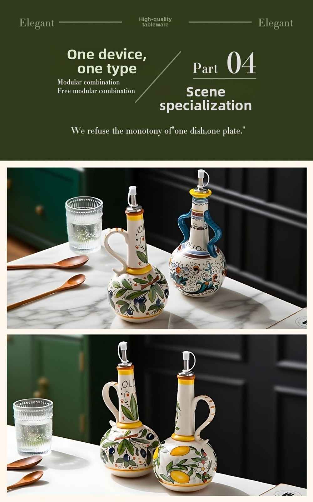 Ceramic Oil and Vinegar Dispenser Set Hand-Painted Underglaze Anti-Drip Leak-Proof Kitchen Oil Bottle with Oil Spout and Foot Pad Olive Green Lemon Yellow