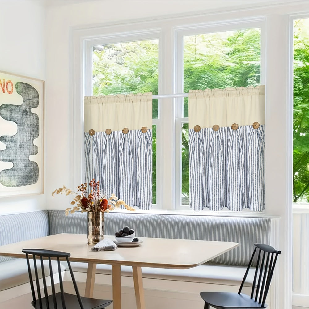 Semi Sheer Curtains Bohemian Linen Cotton Patchwork Grommet Top Window Drapes for Bedroom Living Room Kitchen Bathroom Cafe - Boho Country Cottage Style 4 Seasons 1 or 2 Panels