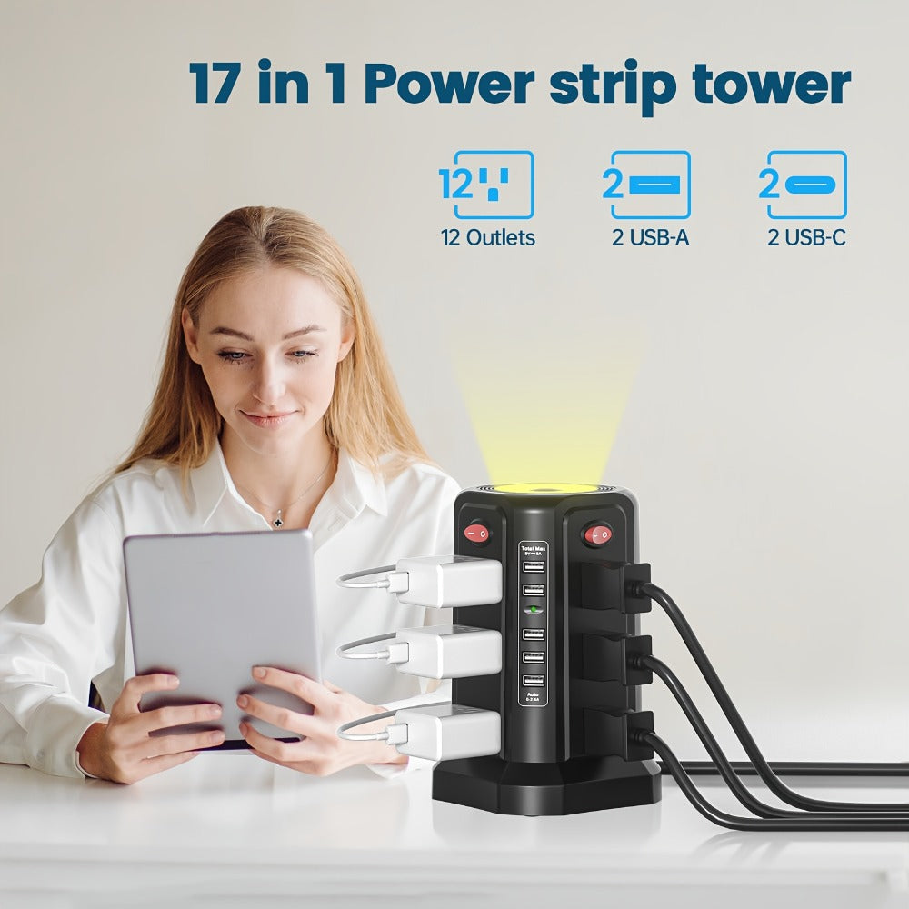 Surge Protector Power Strip Tower with 12 AC Outlets 5 USB Ports 8.8FT Extension Cord Night Light 4 Individual Switches Overload Protection for Home Office Desk Dorm Room