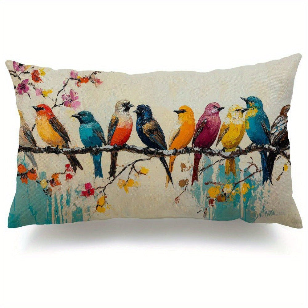 Lumbar Pillow Covers 12x20 Inch Watercolor Bird Pattern - Decorative Linen Throw Pillow Cases Cute Nature Print Zipper Closure | 1pc or 2pcs | Bedroom Living Room Sofa Couch Cushion Cover Home Decor