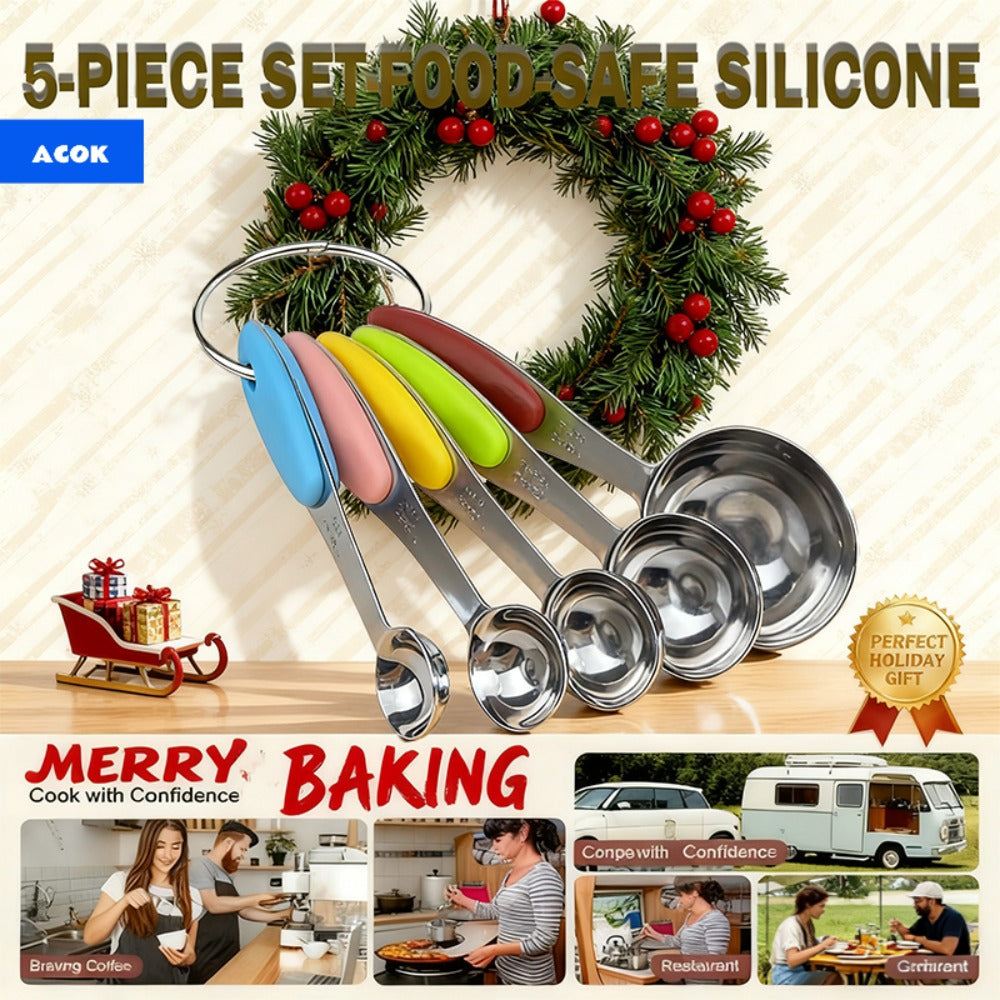 Measuring Cups and Spoons Set 10-Piece Stainless Steel with Silicone Handle ¨C Precise Baking & Cooking Measurement Tools | Dishwasher Safe | Christmas Kitchen Gift
