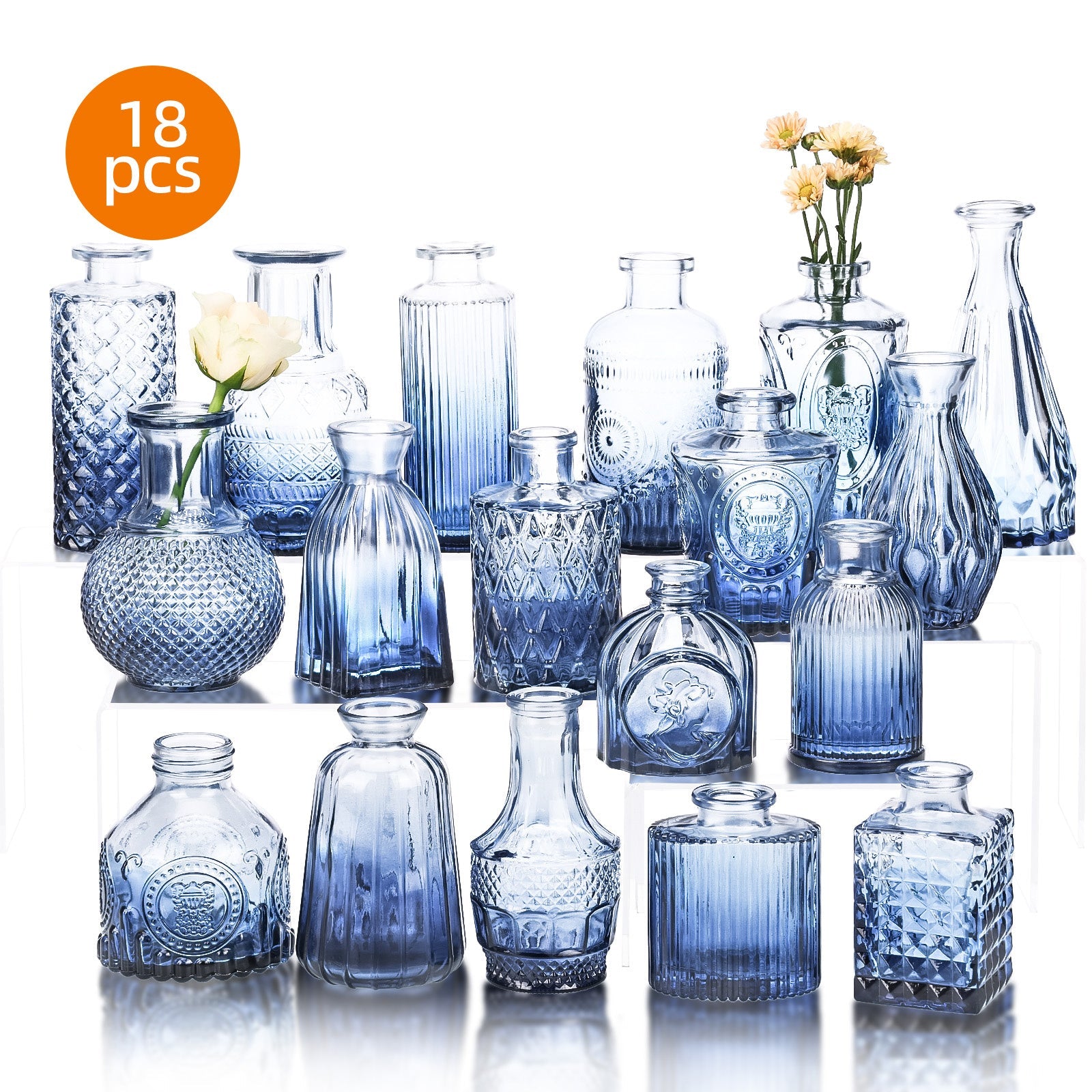 Bud Vases Set of 18 Blue Vintage Glass Small Flower Vases for Centerpieces - Rustic Farmhouse Table Decor for Home, Wedding, Halloween & Christmas | 3-6 Inch Mini Glass Vases Bulk