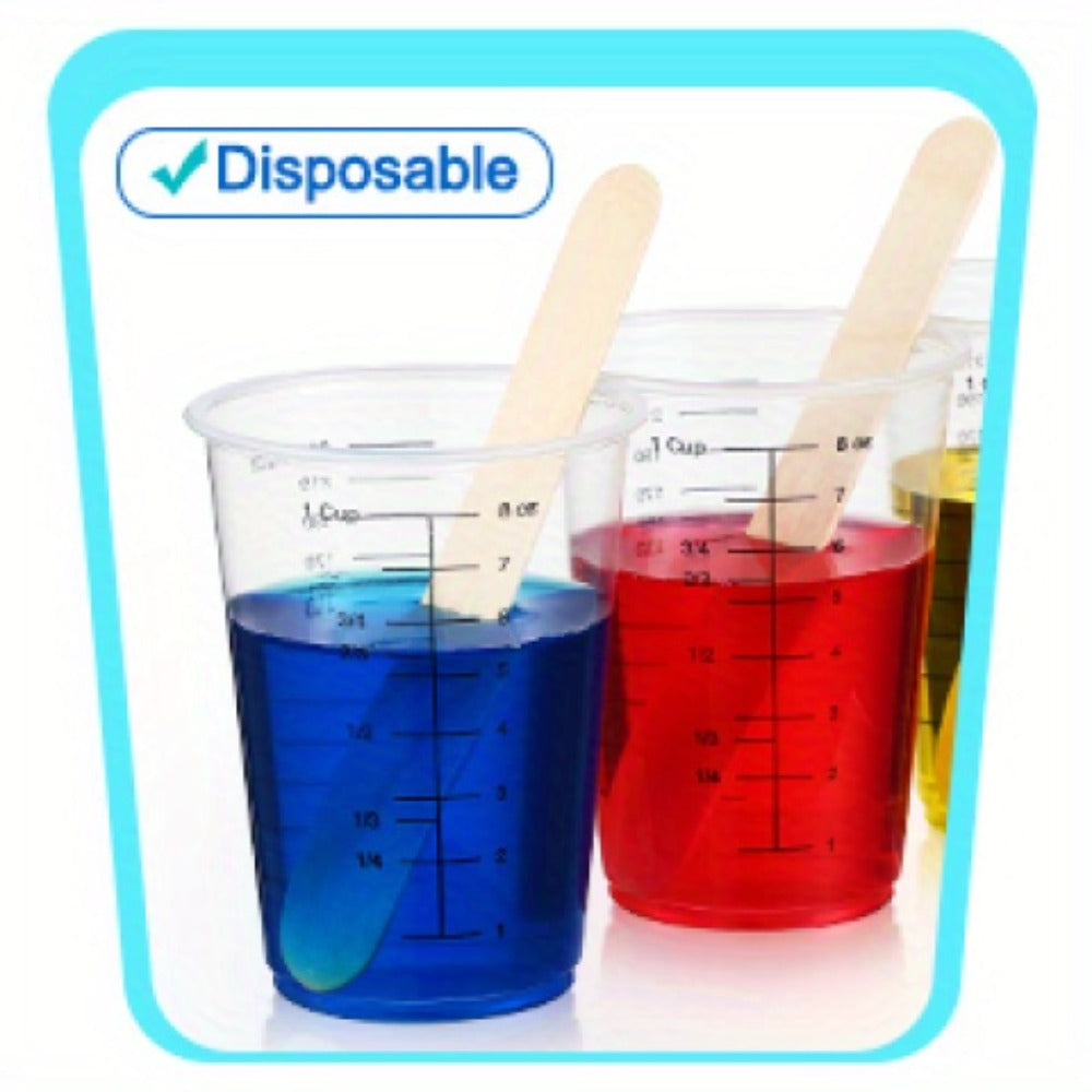 Plastic Measuring Cups with Wooden Sticks 100 Sets Clear Graduated Mixing Cups oz/ml/cc for Resin, Cooking, Baking & Epoxy ¨C Disposable Paint Mixing Cups