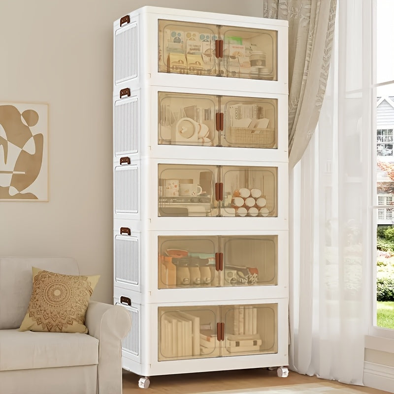 Stackable Storage Cabinet with Doors and Wheels | Collapsible Plastic Locker 1-5 Layers Large Capacity Home Organization for Bedroom Living Room Kitchen Easy Assembly Space Saving