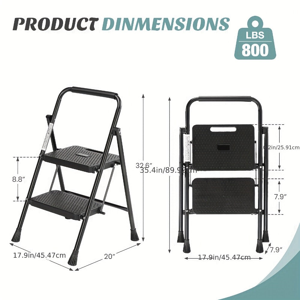 Heavy Duty Folding Steel Step Stool with Storage Shelf & Wide Anti-Slip Pedal, 800 lbs Capacity, 2/4-Step Sturdy Portable Step Ladder for Home, Garage & Workshop, Black, Grey & White