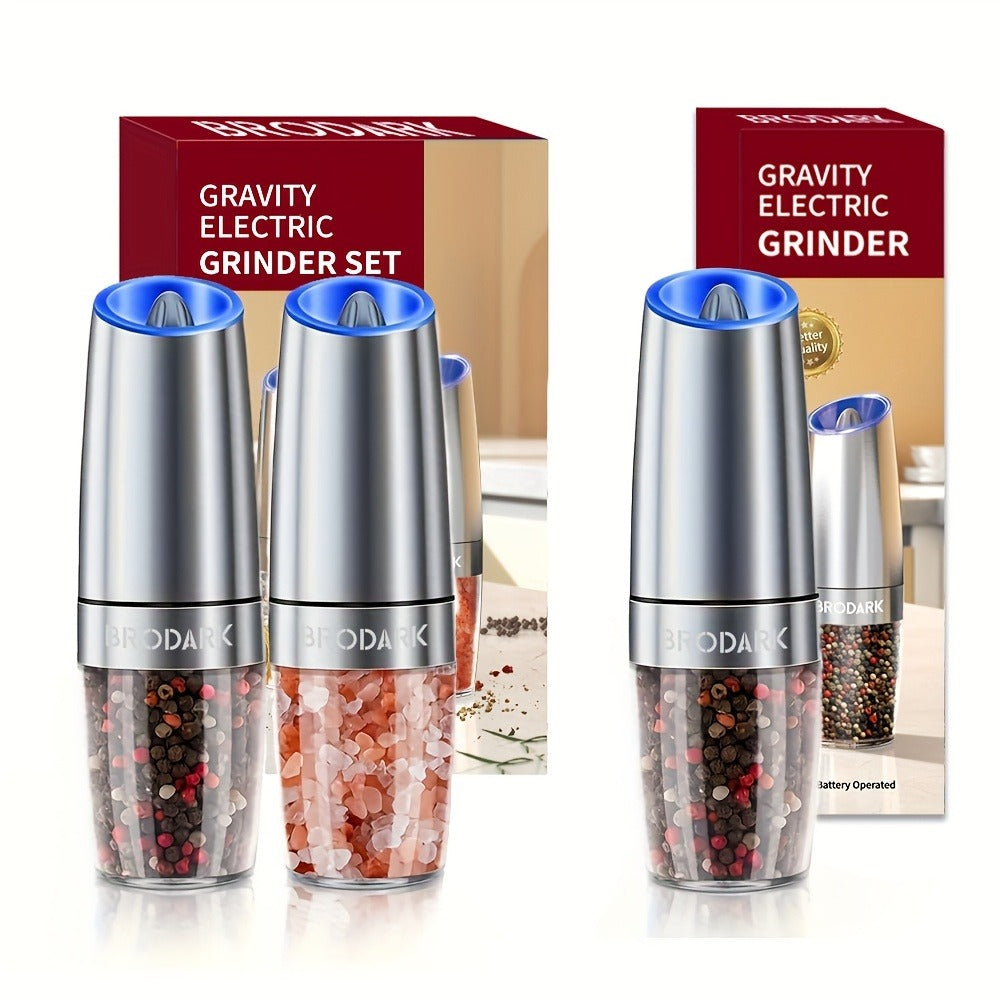Electric Salt and Pepper Grinder Set Battery Powered Gravity Sensor | One-Hand Automatic Operation LED Light | Adjustable Coarseness Mill Shaker | Kitchen Gadget Gift Idea in Black & Silver
