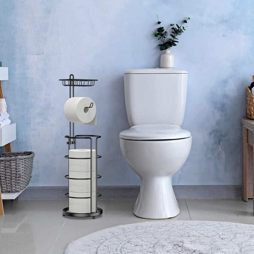 Toilet Paper Holder Floor Standing with Shelf 4-Roll Storage Rack Freestanding Bathroom Paper Organizer for Bathroom Bedroom Balcony Courtyard Black 1 or 2 Pack