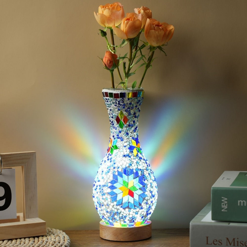 Mosaic Vase Lamp Turkish Moroccan Handmade Colorful Glass Table Lamp with Wooden Base ¨C USB Plug-In Boho Night Light, Flower Vase Lamp for Bedroom Living Room Decor, Bohemian Mosaic Desk Lamp Gift