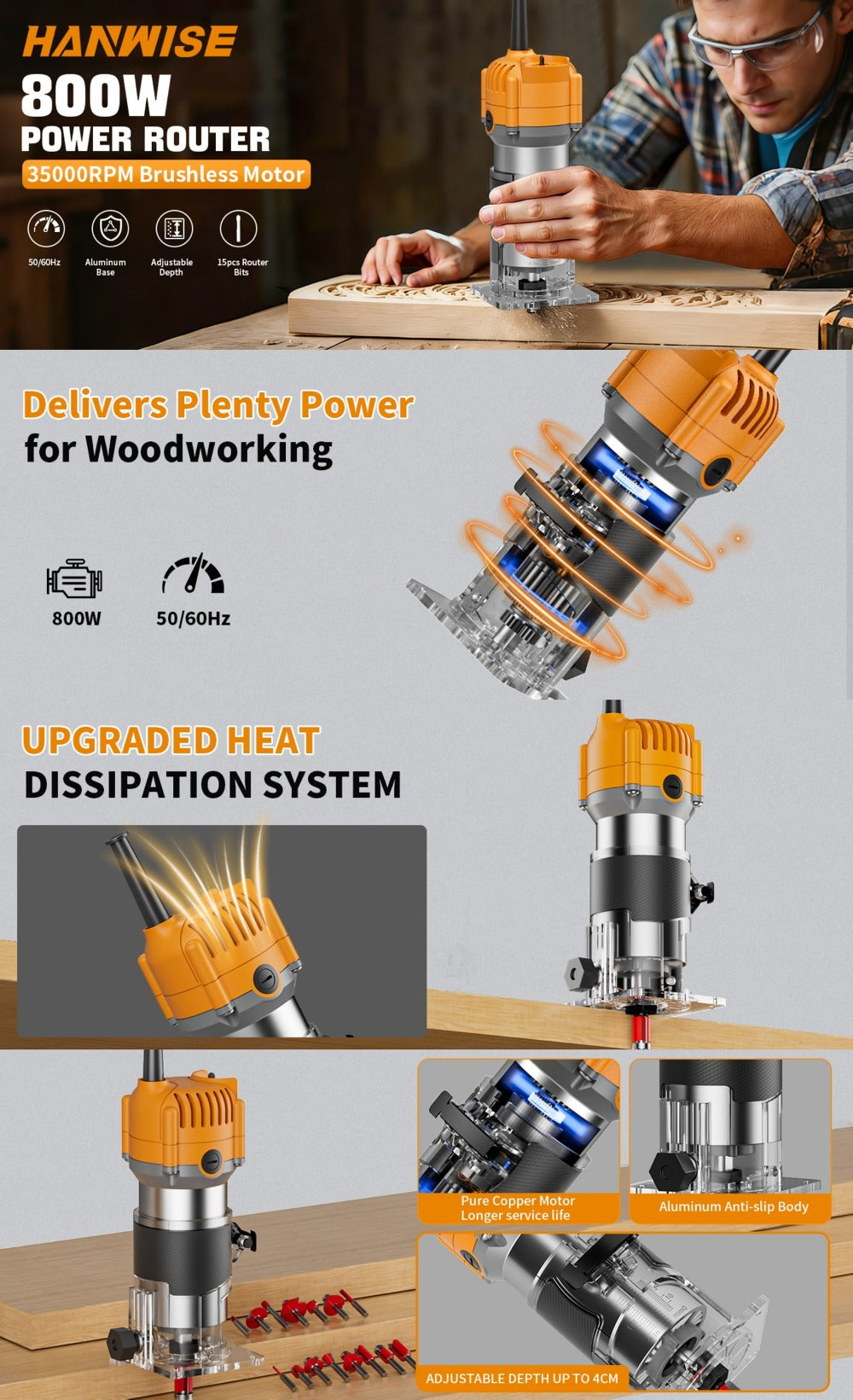 Wood Router Edge Trimmer 800W 6.1Amp Compact Hand Router Tool 35000RPM with Variable Speed, 1/4¡± Collet, Router Bit Set for Woodworking Slotting Carving Edge Treatment DIY Projects