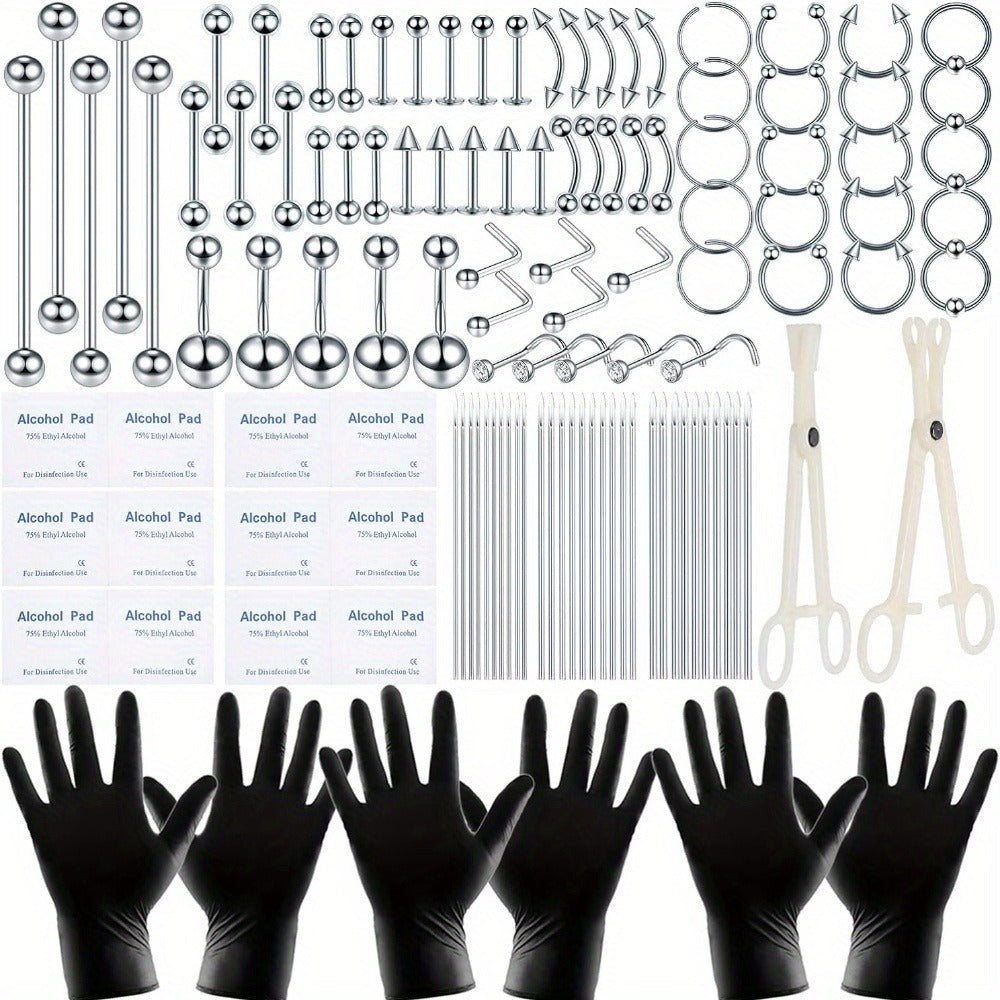 Professional Piercing Kit 120pcs ¨C Complete Body Piercing Set with Stainless Steel Needles, Clamps, Gloves & Jewelry for Ear, Nose, Septum, Belly Button, Lip & Tongue