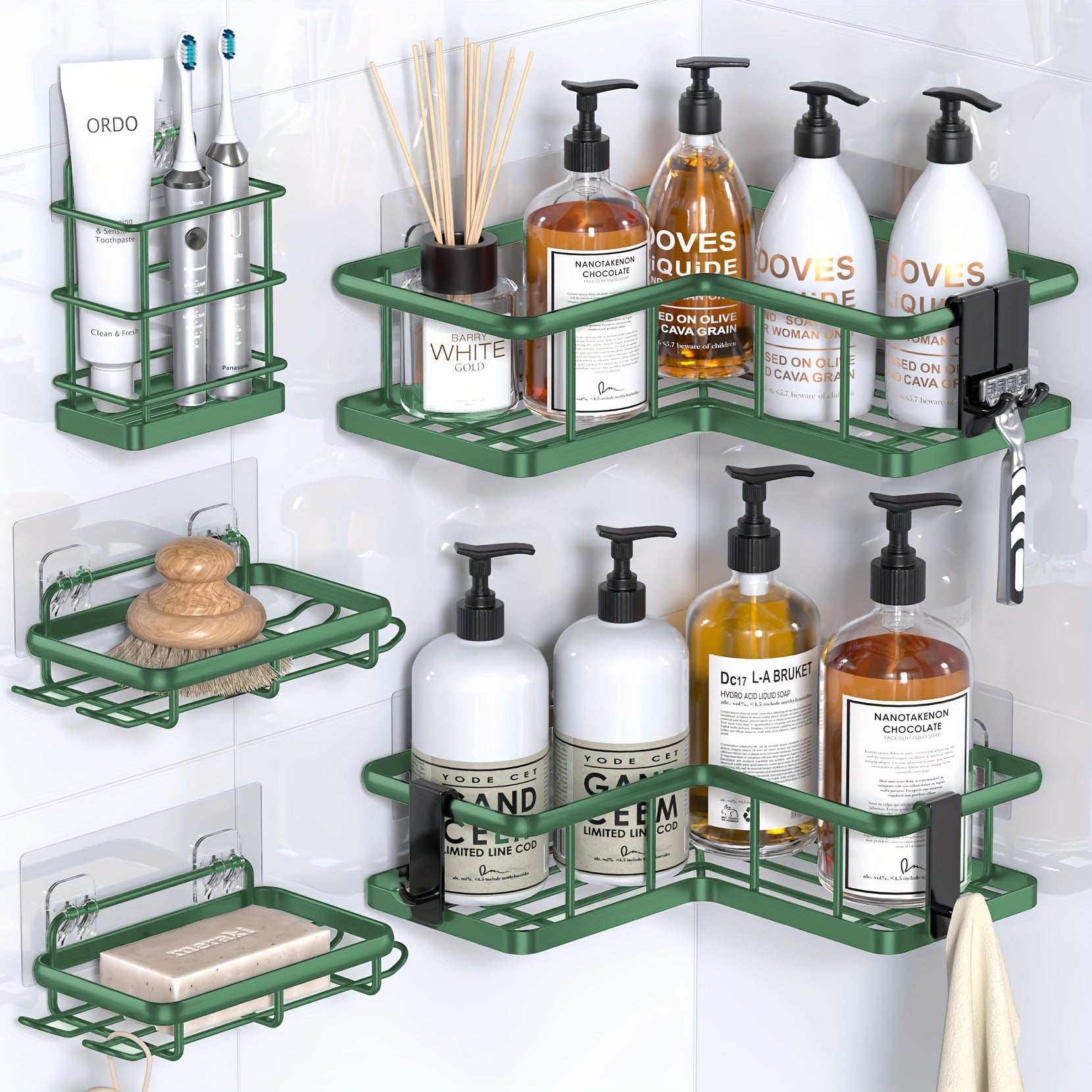 Corner Shower Caddy 5 Pack with Soap Holder & 4 Removable Hooks ¨C Rustproof No Drill Shower Shelf Organizer for Inside Shower