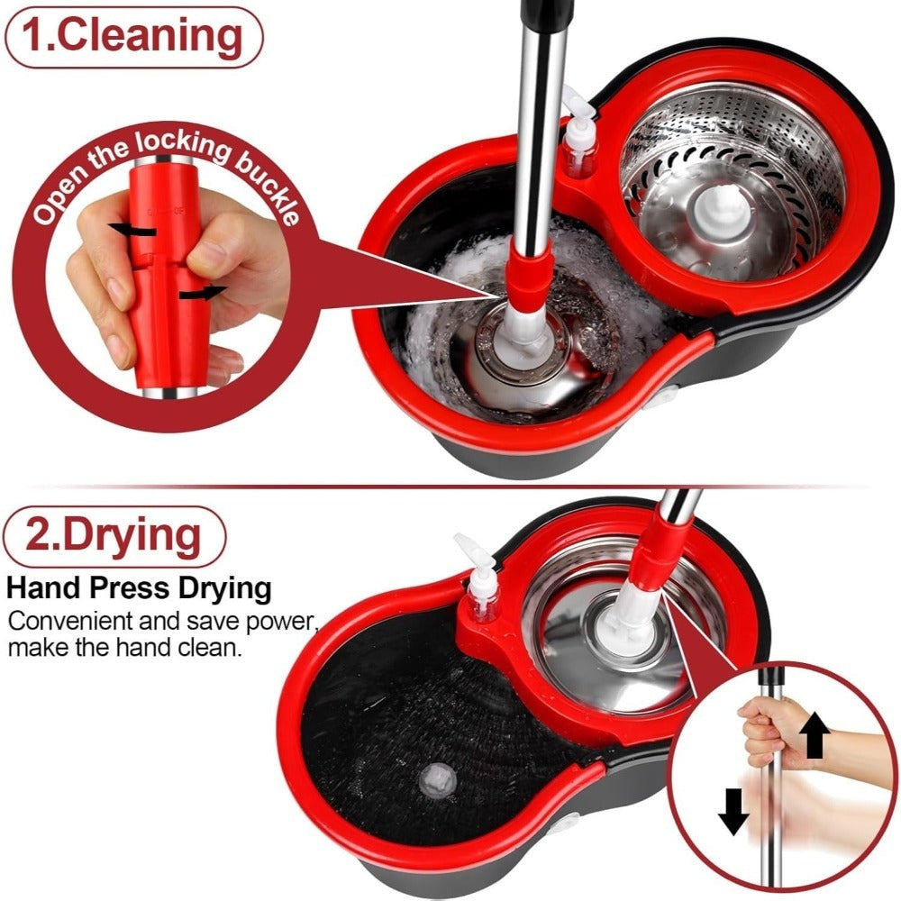 Spin Mop and Bucket with Wringer Set, 360¡ã Spinning Mop System, 4 Microfiber Replacement Heads, Stainless Steel Adjustable Handle, Heavy-Duty Floor Cleaning Kit for Hardwood Tile Laminate Kitchen Bathroom