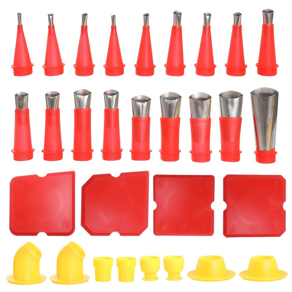 Caulking Tool Kit 30 Piece | 16 Reusable Nozzle Tips 8 Connectors 4 Grout Scrapers Stainless Steel | Caulk Finishing Set for Bathroom Kitchen Doors Windows Tile Sealing