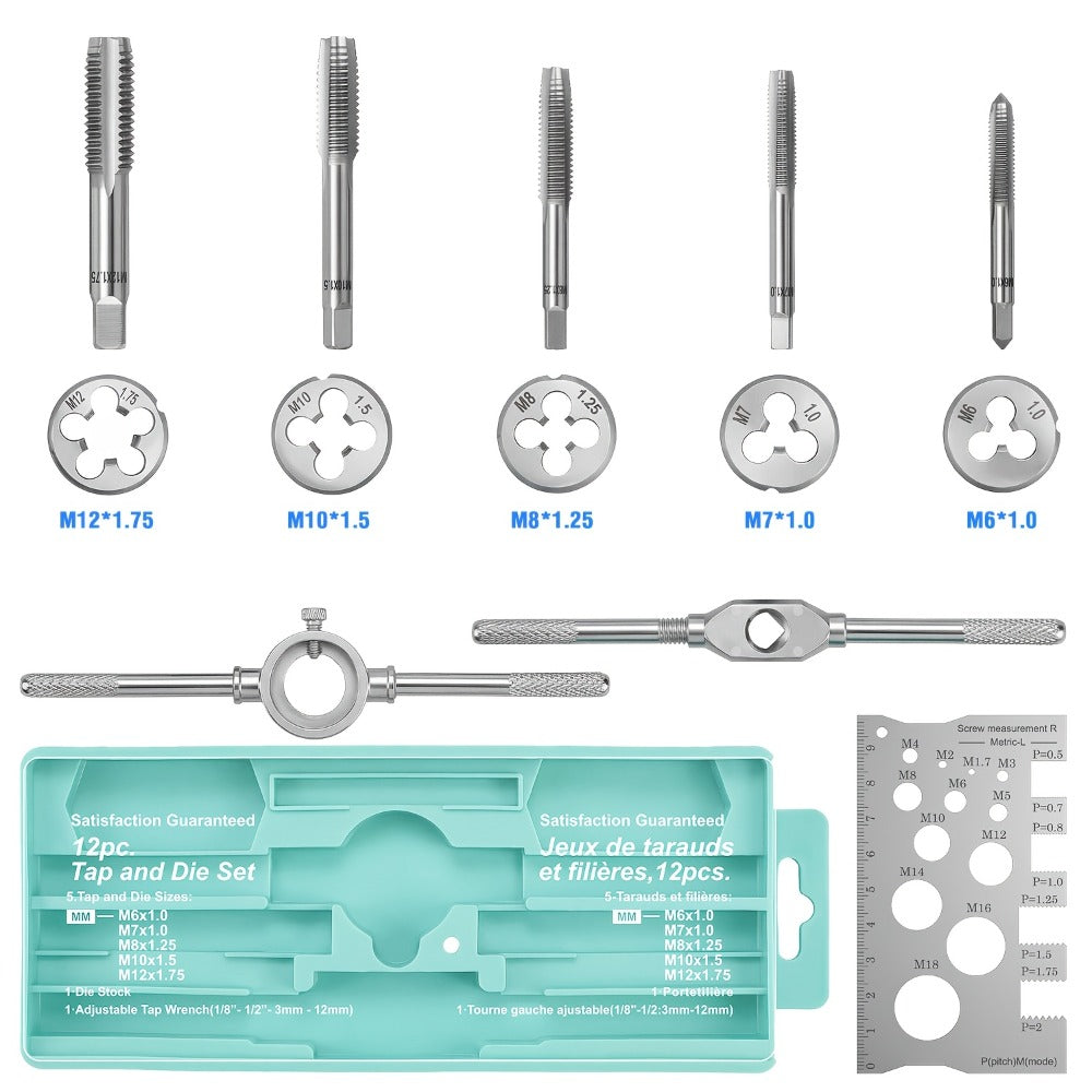 Tap and Die Set Metric ¨C 12-Piece & 40-Piece M3-M12 Thread Plug Straight Taper with Pitch Calipers & Wrench, Internal & External Threading Tool Kit for Metal, DIY & Home Repair