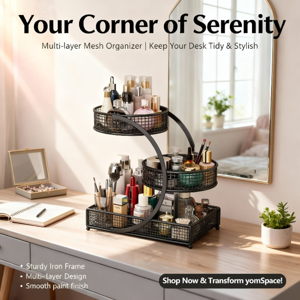 3-Tier Metal Makeup Organizer with Round Baskets Anti-Rust Vanity Storage Rack with Tissue Holder Space Saving Cosmetic Organizer Gift for Women