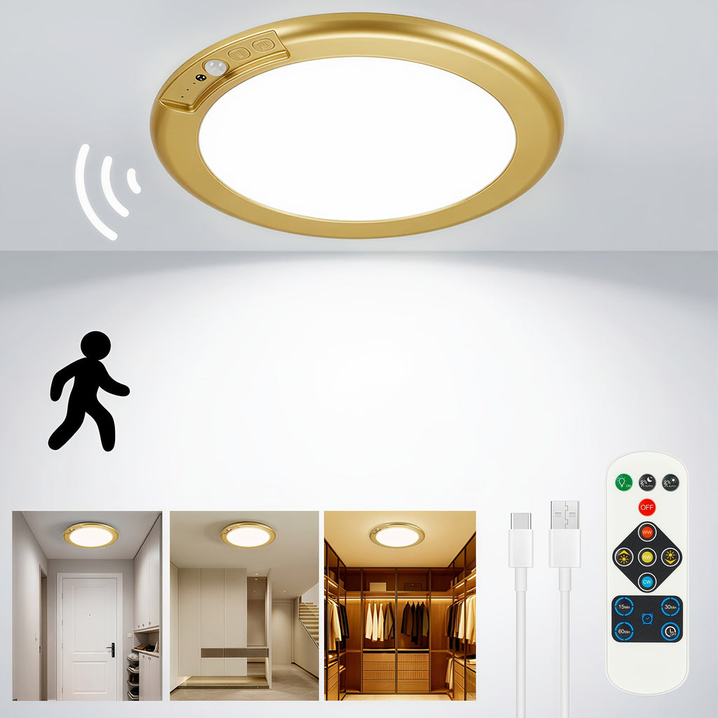 Rechargeable LED Ceiling Light with Motion Sensor ¨C Remote Control Dimmable, 3 Color Temps 3000K/4500K/6500K, 10 Brightness Levels, Battery Operated Closet Light for Bathroom Hallway Pantry Porch