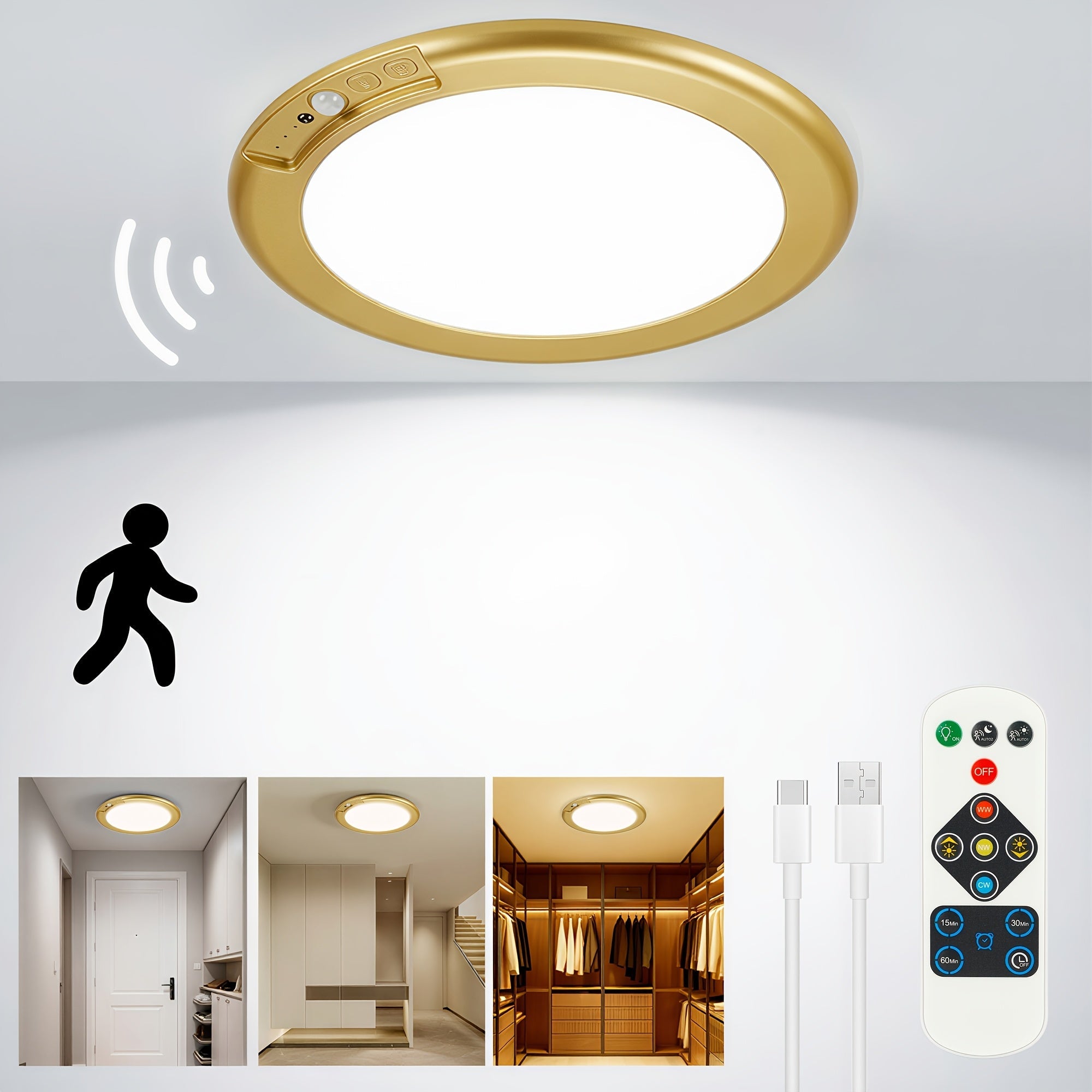 Rechargeable LED Ceiling Light with Motion Sensor ¨C Remote Control Dimmable, 3 Color Temps 3000K/4500K/6500K, 10 Brightness Levels, Battery Operated Closet Light for Bathroom Hallway Pantry Porch