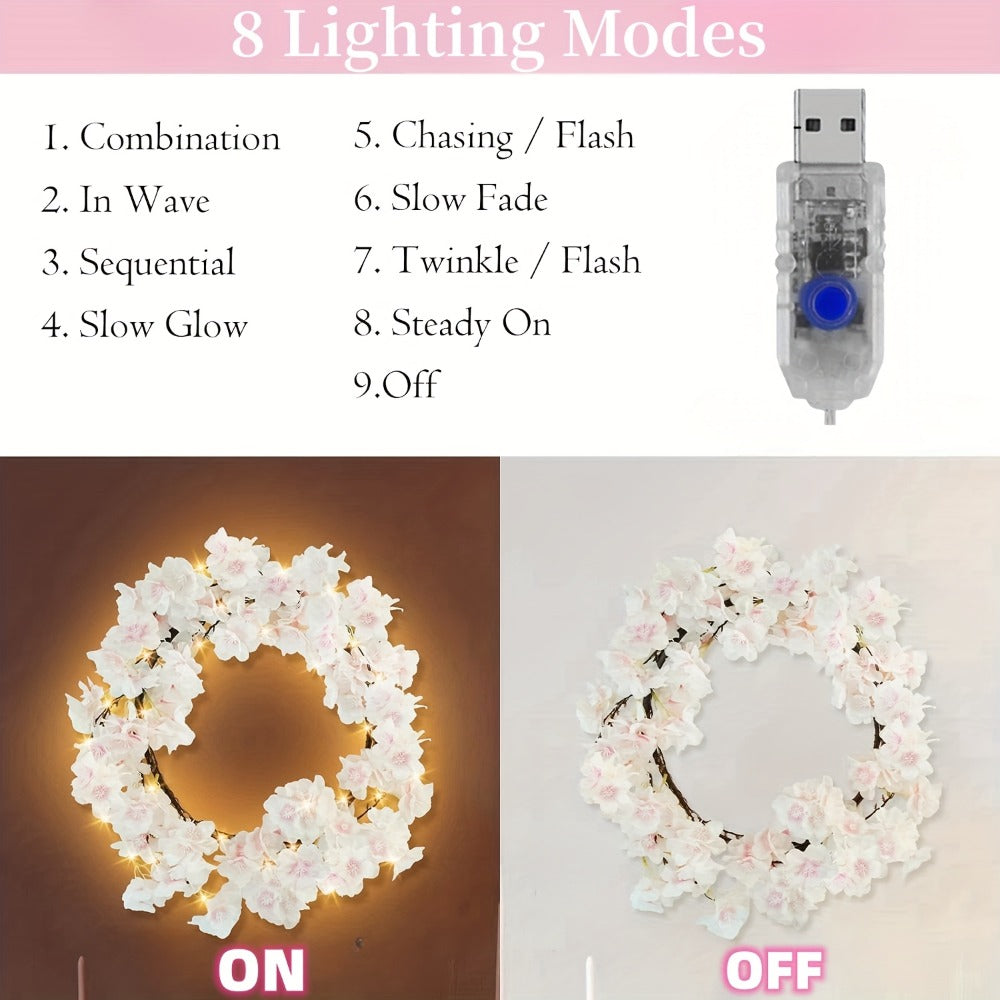Cherry Blossom Fairy Light Garland 100 LED USB Powered ¨C 180cm Artificial Flower String Lights for Wedding, Christmas, New Year, Spring & Home Wall Decor, Warm White IP45