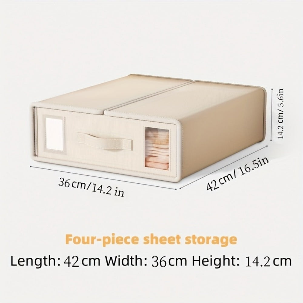 Bed Sheet Storage Organizer Boxes 4-Pack Foldable Fabric Bins with Clear Window & Label, Closet Bedding Storage Box for Sheets Duvet Covers Blankets Pillowcases, Oxford or Non-Woven, Grey Beige