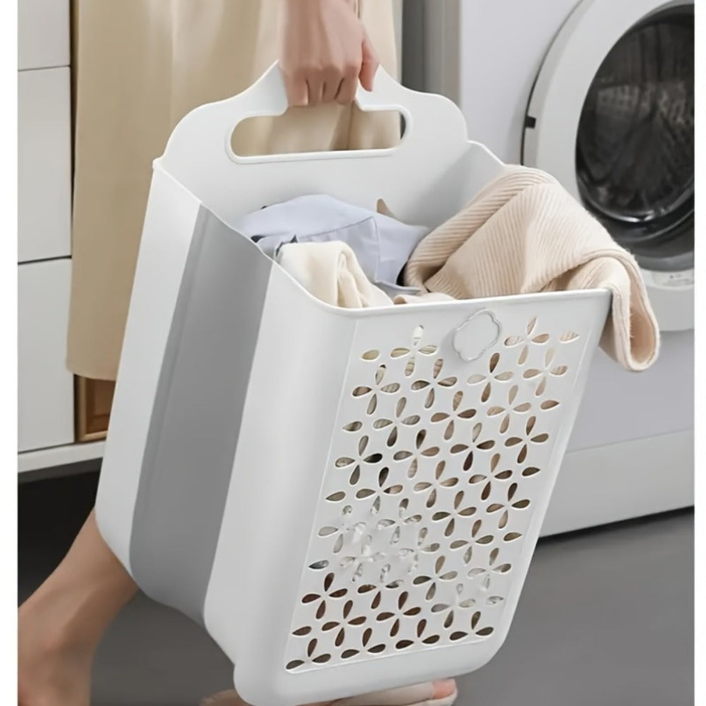 Foldable Laundry Basket Wall Mounted ¨C No-Drill Plastic Storage Bin with Cutout Design for Clothes, Toys, Snacks & Fruits ¨C Space-Saving Collapsible Organizer for Bathroom, Balcony & Bedroom