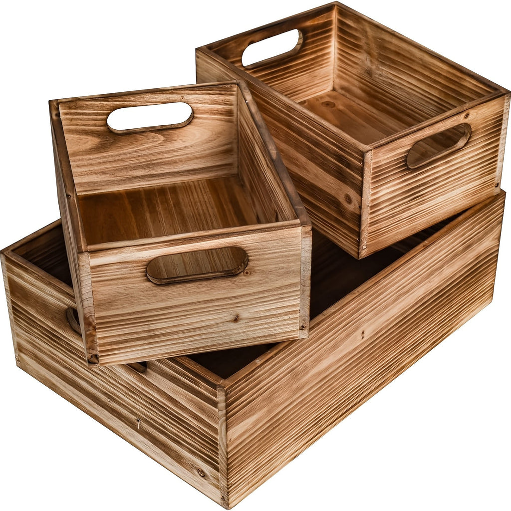 Wooden Crates with Handles Set of 3 ¨C Rustic Farmhouse Storage Boxes for Pantry, Shelf, Closet, Arts & Crafts, Home Organizer Decorative Wood Crate Display Boxes Brown