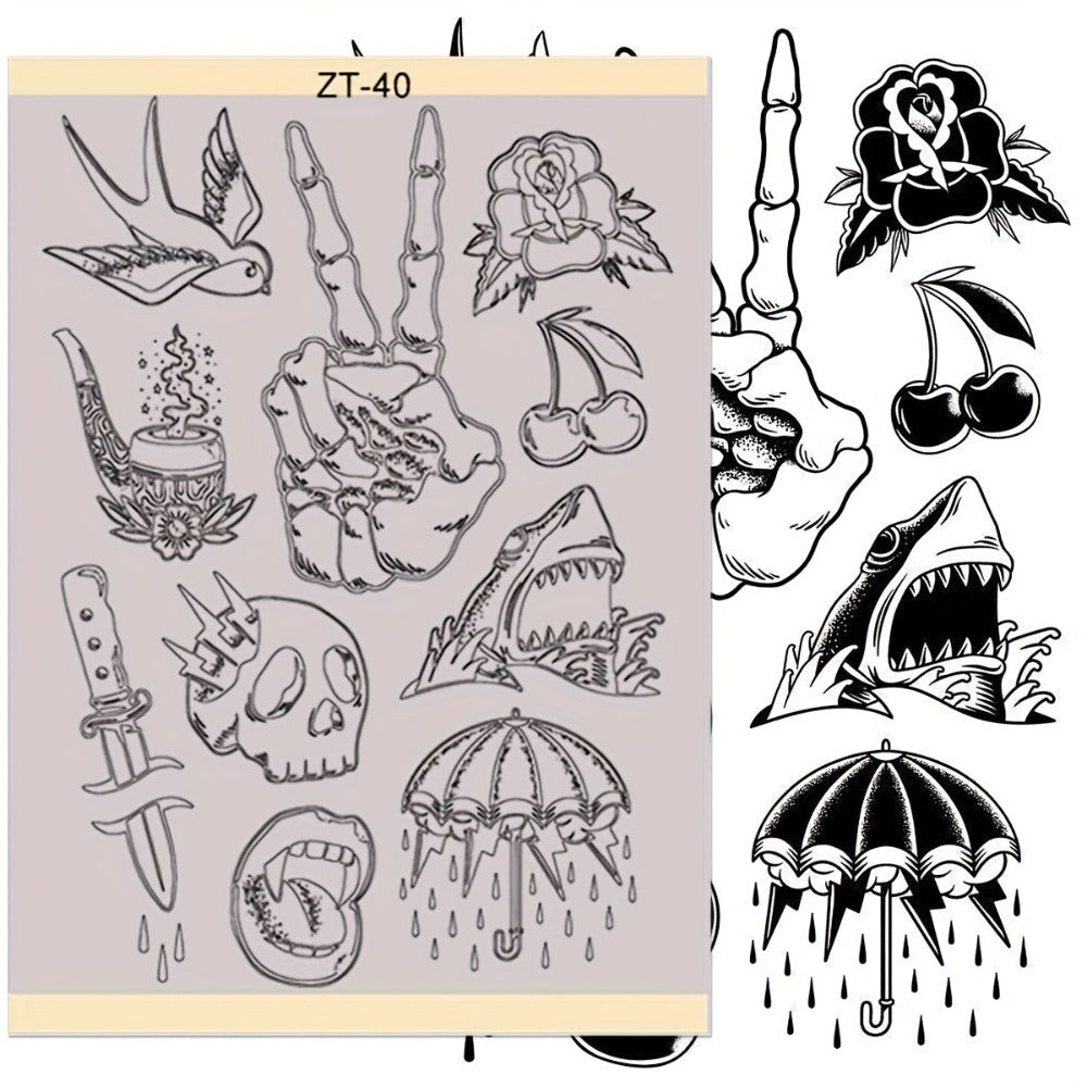 Tattoo Stencil Transfer Kit ¨C 2x Transfer Gel, 10x A4 Blank Thermal Stencil Paper & 1x Pre-Drawn Pattern Sheet ¨C Complete Tattoo Transfer Solution for Artists & Beginners