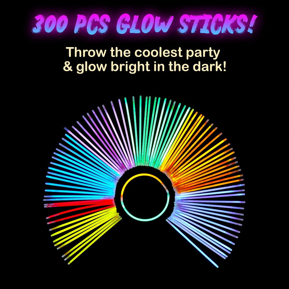 Glow Sticks Bulk 300 Pack 8 Inch Glow in the Dark Party Favors with Bracelet Connectors 7 Colors 6-Hour Glow for Halloween Christmas New Year Easter Birthday Pool Party Neon Party Supplies