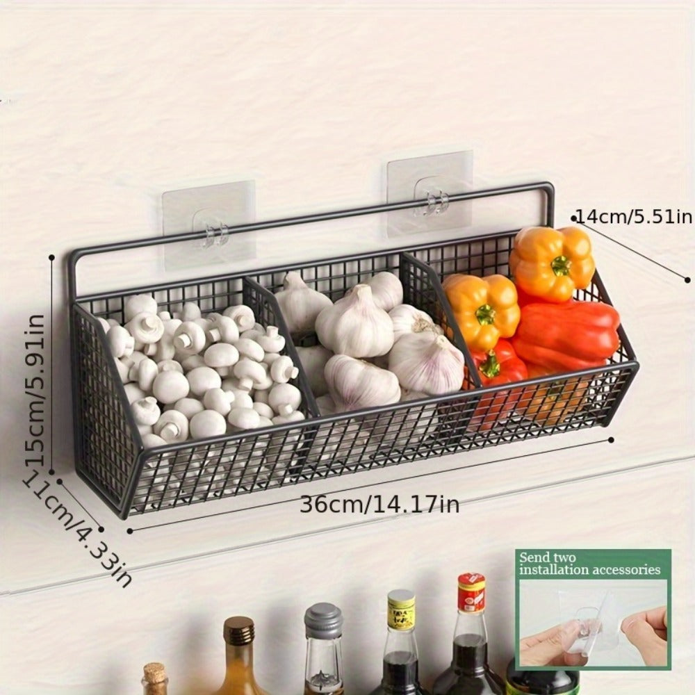Wall Mounted Kitchen Storage Basket ¨C Metal Wire Rack Organizer, 2 or 3 Grid Tier, Space Saving Vertical Pantry Shelf for Spices, Snacks & Beverages, Home Kitchen & Retail Store Display
